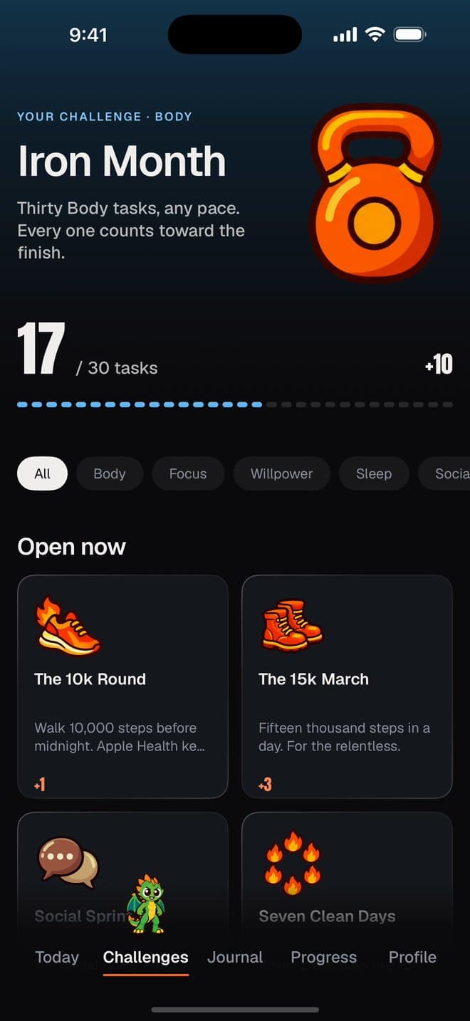 The Challenges tab: Iron Month at 17 of 30 Body tasks, with more challenges open below
